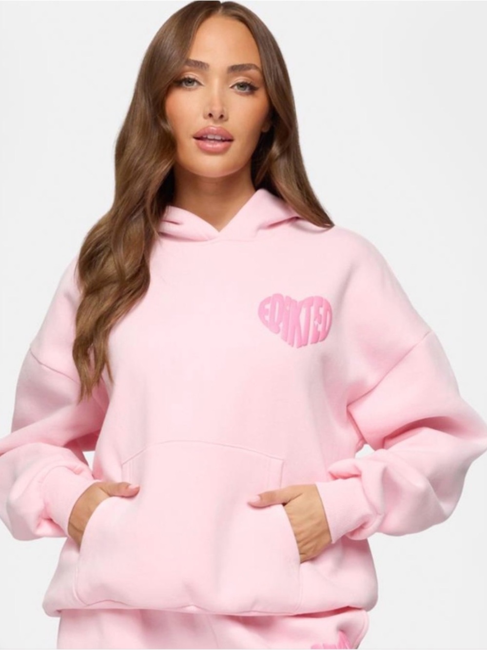 Edikted Major Love Pink Fleece Heart Logo Pullover Hoodie